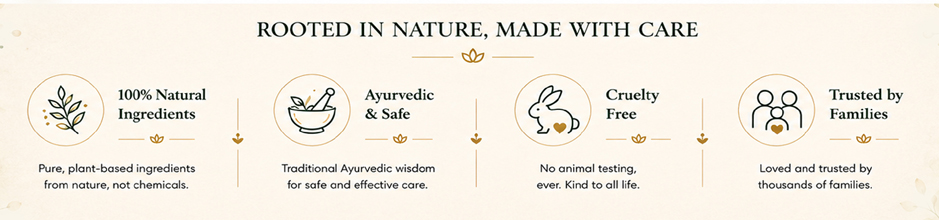 Rooted in Nature, Made with Care — 100% Natural, Ayurvedic & Safe, Cruelty Free, Trusted by Families