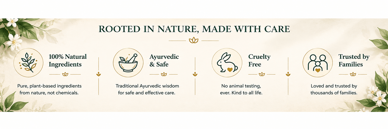 Rooted in Nature, Made with Care — 100% Natural, Ayurvedic & Safe, Cruelty Free, Trusted by Families