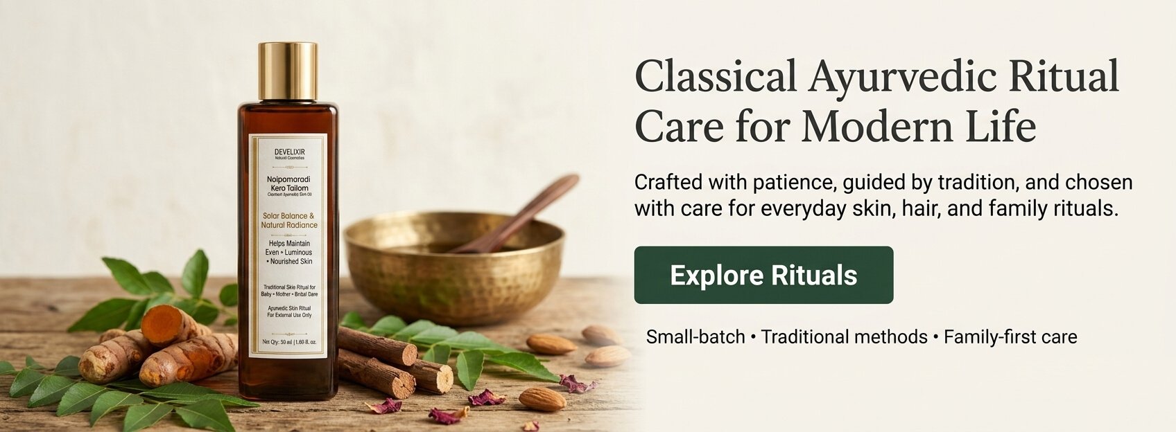 DevElixir Ayurvedic skincare banner with herbal oil serums and natural herbs